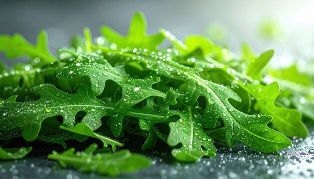 Fresh arugula leaves covered with water droplets, healthy organic salad ingredient, realistic food photography, isolated object, commercial stock image