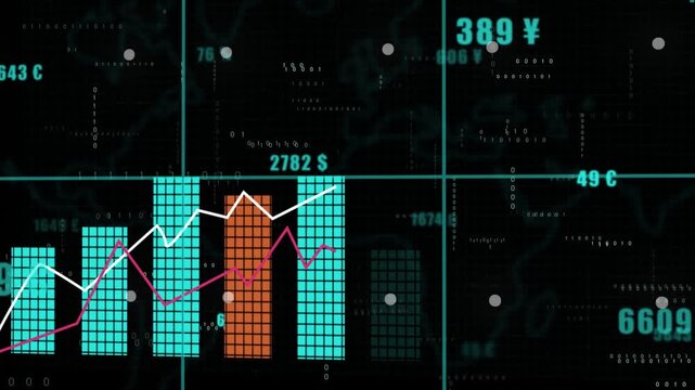 Abstract Financial Data Graph with Teal and Orange Bar Charts, Floating White Pink Line Overlay, and Glowing Data Points on Dark Grid Background for Business Motion Graphic, Corporate Tech VJ Loop.