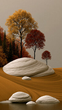 Colors of autumn with trees and rocks in a landscape scene