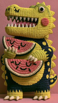 Bright yellow knit texture dinosaur creature holds two watermelon slices in fun design on pink background