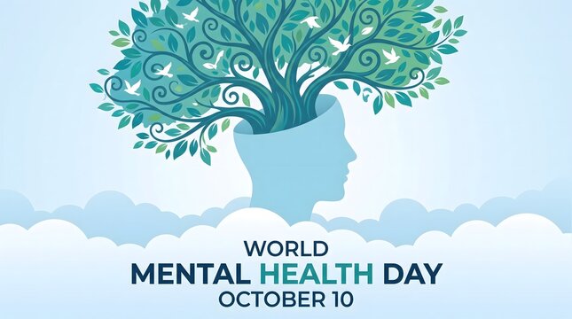 World mental health day october 10 concept showing human head with growing tree