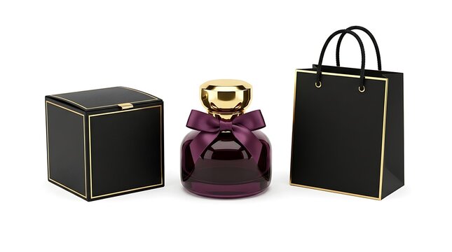 Black luxury perfume bottle with gift box and shopping bag for premium cosmetic branding