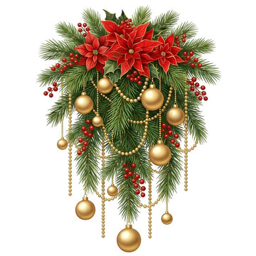 Christmas pine swag arrangement decorated with red poinsettia flowers and hanging golden baubles christmas decoration poinsettia ornaments