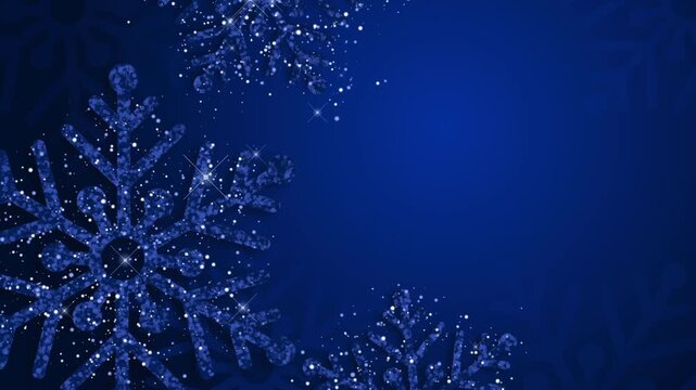 Dark Blue Background Featuring Shimmering Snowflakes with Glittering Details and Soft Gradient from Dark to Brighter Light for Winter Holiday and Christmas Motion Graphics.