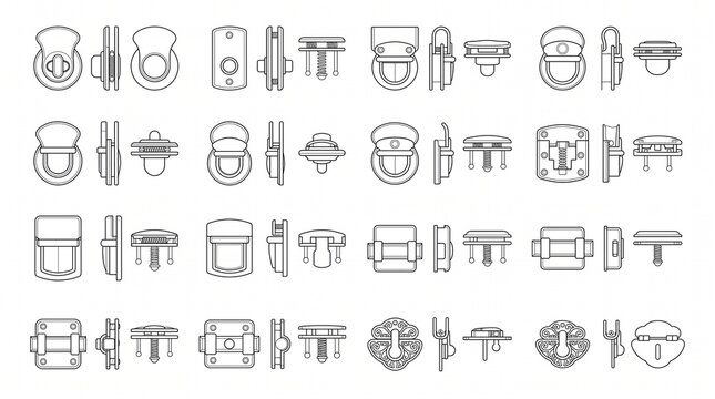 Collection of Bag Lock and Clasp Technical Line Art Icons for Fashion Design and Hardware Schematics