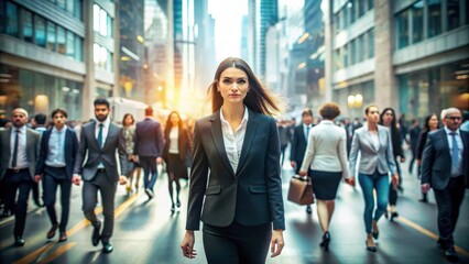 Fototapeta premium Confident Businesswoman Walking Through Busy City Streets at Sunset