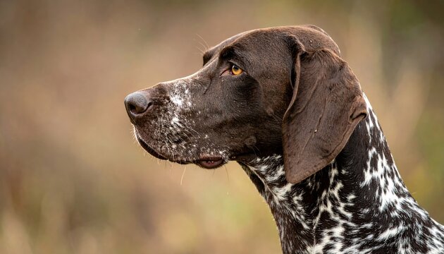 German shorthaired pointer standing in profile with distinctive spotted coat, canine photography