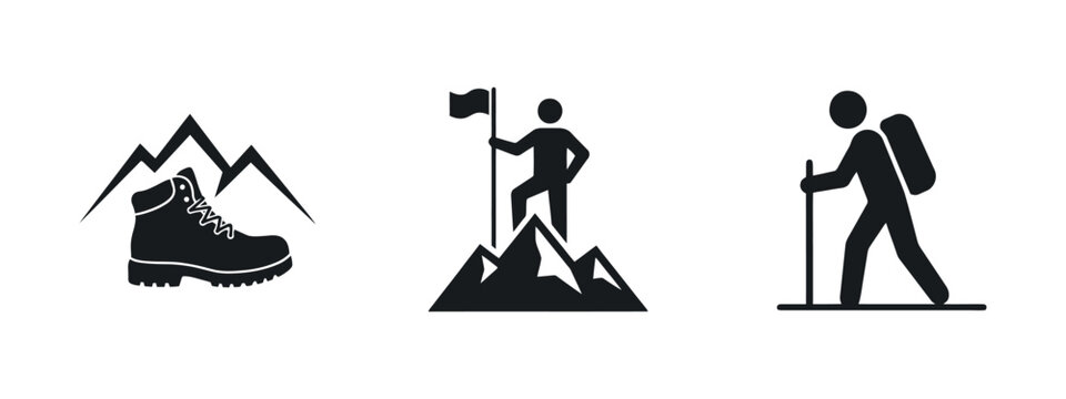 Hiking boot mountaineer with flag and trekker silhouettes depict outdoor activity