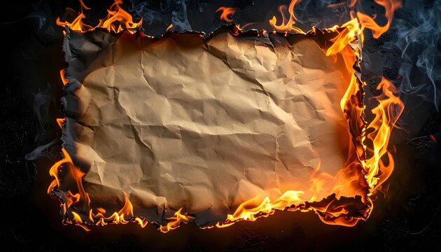 Burning blank paper sheet with curling flames and charred edges, dramatic smoke and glowing embers, dark background, conceptual destruction photography