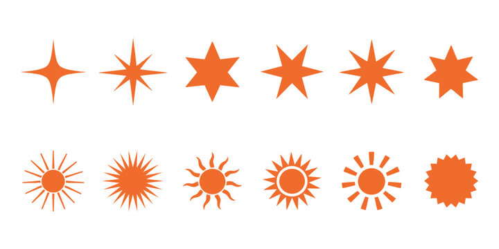 Orange sun and star icons set featuring geometric shapes for celestial graphic projects.