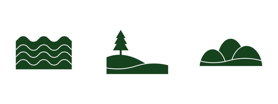 Three landscape silhouettes depict water hill with tree and rolling terrain