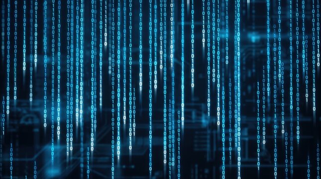 Abstract binary code rain falling down like matrix style digital, representing big data processing, cybersecurity encryption, software programming, and artificial intelligence
