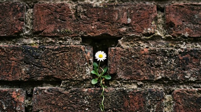 Single white daisy flower growing resiliently through a crack in an old weathered red brick wall, representing hope, perseverance, nature reclaiming urban spaces
