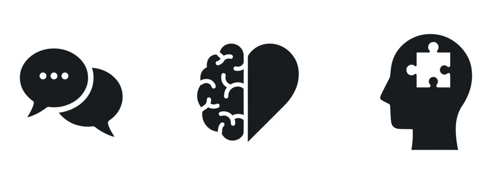 Speech bubble brain heart hybrid and head puzzle icons in silhouette style