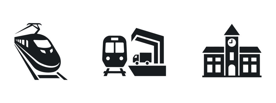 Train subway car and building silhouettes depict transportation and architecture