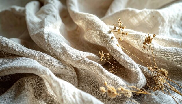 Handwoven slub linen cloth with irregular fibers and natural imperfections, earthy neutral palette, sustainable rustic branding backdrop