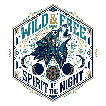 Geometric howling wolf emblem design with crescent moon phases and inspirational wild spirit typography.