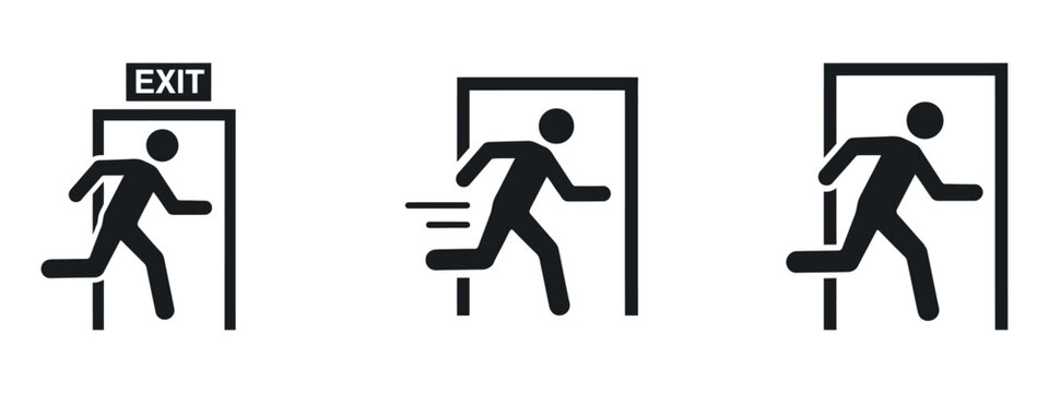 Running person silhouettes with exit sign represent emergency evacuation routes