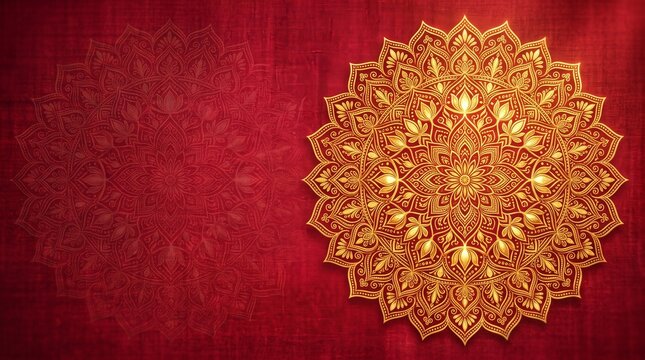 Golden mandala pattern on a textured red background