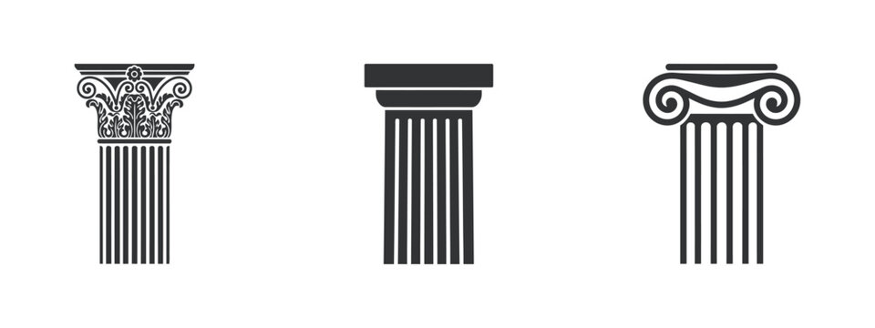 Classical column capitals and shafts are depicted in a black silhouette style