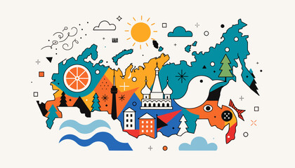 Naklejka premium Stylized Map of Russia with Cultural and Natural Icons, Bright Geometric Design, Vector Illustration