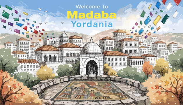 Madaba Jordan Cityscape Welcome Illustration, Mosaic Art, Autumn Foliage, Festive Flags, Travel Destination Art