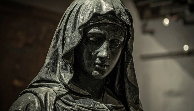 Dark moody stone statue portrait of a sorrowful veiled female religious figure, dramatic shadows, classical sculpture texture, museum atmosphere