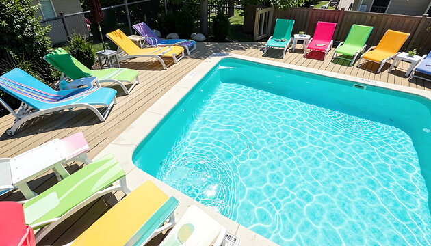 Aerial view of empty colorful lounge chairs surrounding bright blue swimming pool in sunny backyard 4K HD