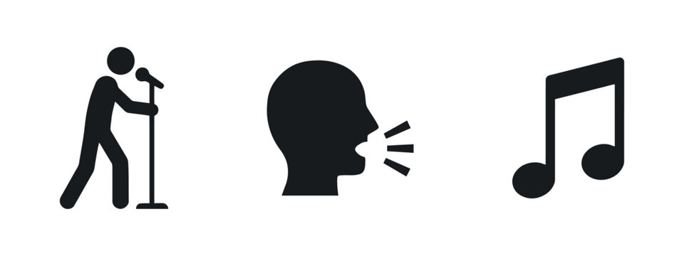 Singer with microphone vocalizing head and musical note silhouettes on plain surface