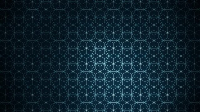 Elegant Japanese Asanoha hemp leaf pattern, gold geometric lattice of fine lines with a soft glow travelling through the six pointed star grid, traditional wagara motion in subtle navy tones