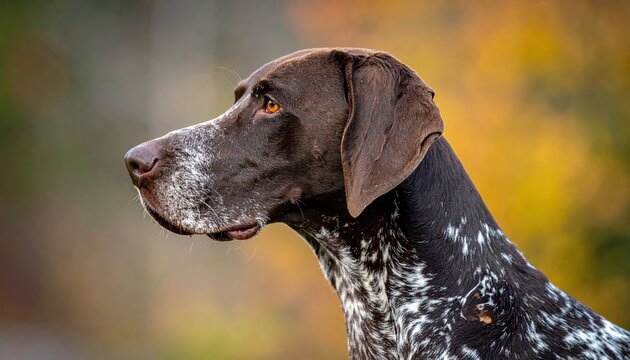 German shorthaired pointer standing in profile with distinctive spotted coat, canine photography