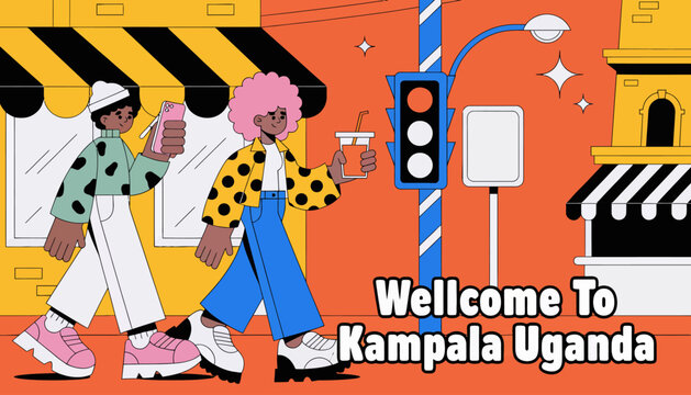 Vibrant African City Scene with People, Traffic Light and Shops - Welcome to Kampala Uganda