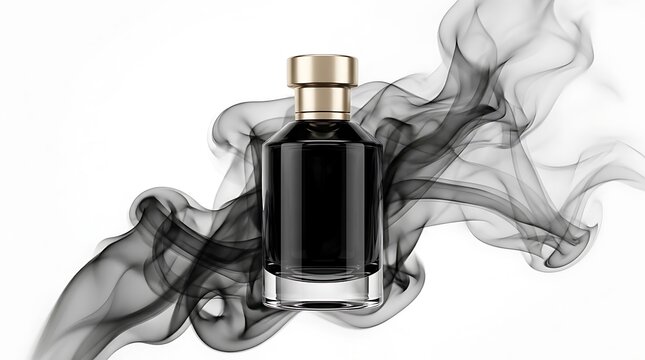 Black glass perfume bottle with elegant swirling smoke clouds surrounding the product