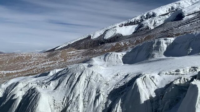 Aerial drone shot flying over the majestic Muztagh Ata Glacier in Xinjiang, China, showcasing pristine ice and snow mountains.