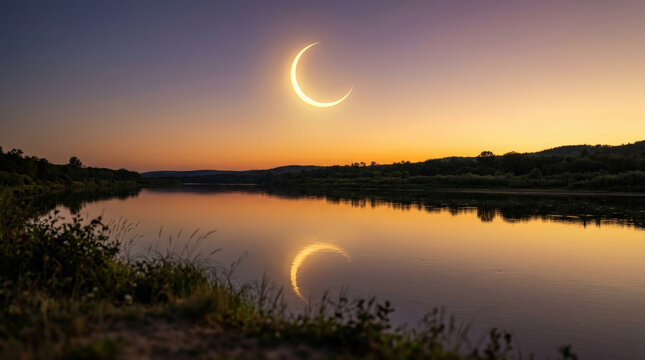 Golden crescent moon glows over calm river at sunset providing serene landscape for meditation background and tranquil nature concepts.
