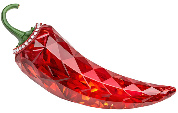 Crystal Chili Pepper &mdash; Bright red chili pepper formed from translucent ruby crystal, curved glossy body, faceted gemstone surface, green crystal stem, sparkling highlights, isolated PNG, no text.