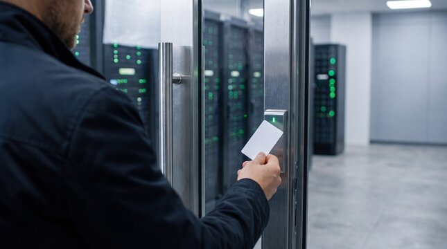 A man in a black jacket accessing a secure server room with a card