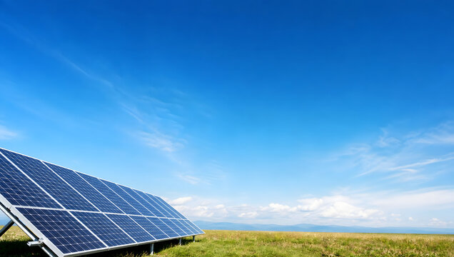 Solar Panels Installed on a Lush Green Field for Renewable Energy and Sustainable Electricity Generation Under a Clear Blue Sky