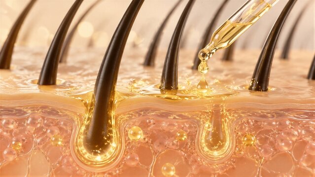 Scalp hair follicles with serum droplets on skin surface