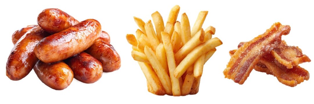 Crispy breakfast snacks sausages french fries bacon set isolated on transparent background