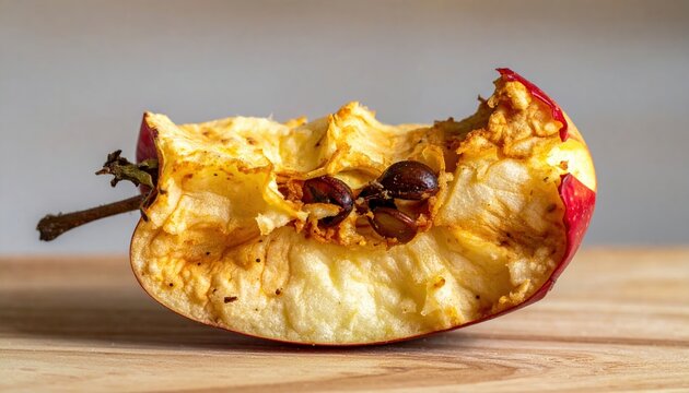Bitten red apple core with visible seeds, food waste and composting concept