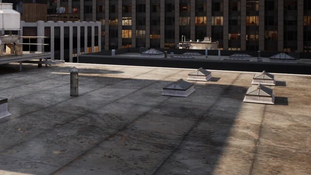 A flat roof in a city center with several skylights. The sun casts shadows on the surface. Buildings surround the area, indicating an urban environment.