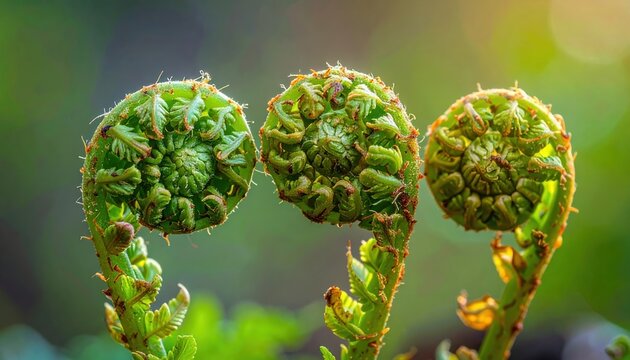 Ostrich fern fiddleheads naturally unfurling, detailed spring botanical photography, isolated object, woodland nature concept