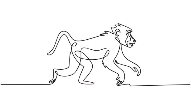 Title: Continuous simple black line art drawing of a Baboon in a minimalist style on a white background.