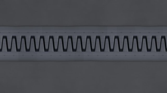 Bridge expansion finger joint breathing with slow thermal movement, steel comb teeth top view seamless loop in rich graphite tones