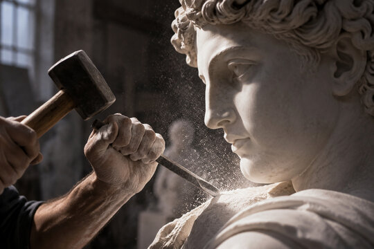 A sculptor's chisel poised for the final strike on a marble statue, dust in air.