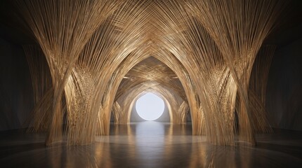 Naklejka premium Golden Arches Hallway with Circular Light Source at the End architecture interior