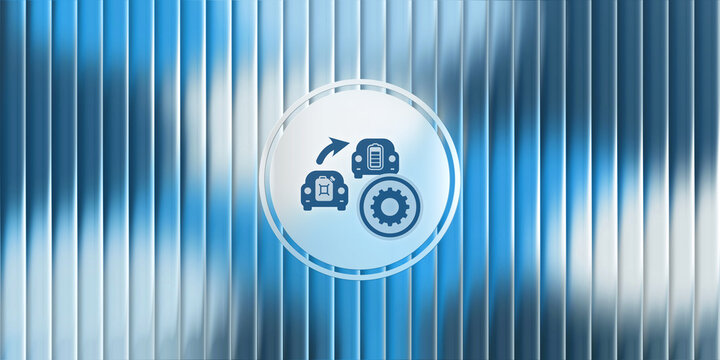 A clean glass button features a car transition icon from fuel to electric power with gear settings. This modern technological interface design highlights sustainable automotive innovation.