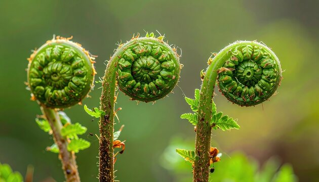 Ostrich fern fiddleheads naturally unfurling, detailed spring botanical photography, isolated object, woodland nature concept