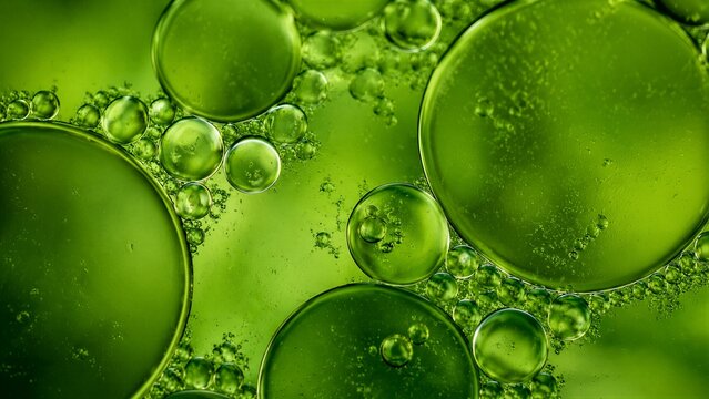 Oil droplets suspended in green liquid macro background